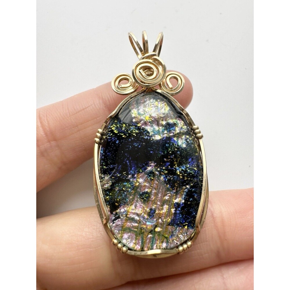 14K Gold Filled Wire-Wrapped Art Glass Pendant Iridescent